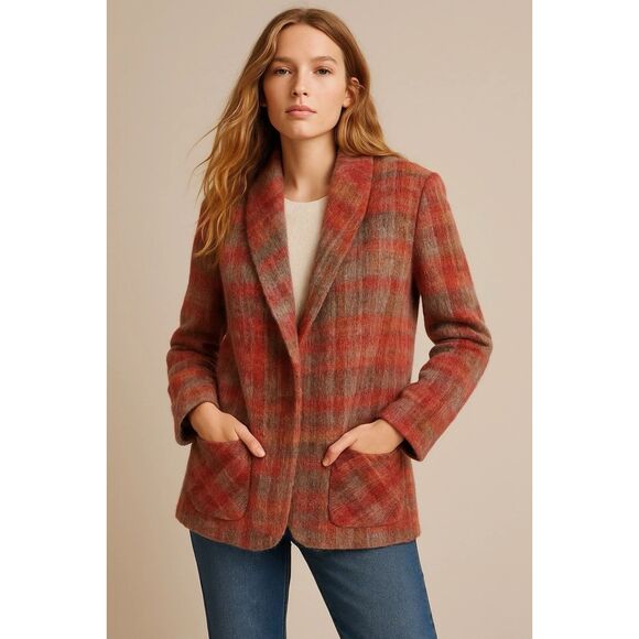 Vintage Jeremiah S Women’s 6 Blazer Red Gray Plaid Wool Coat Shawl Collar Lapel - Picture 1 of 9